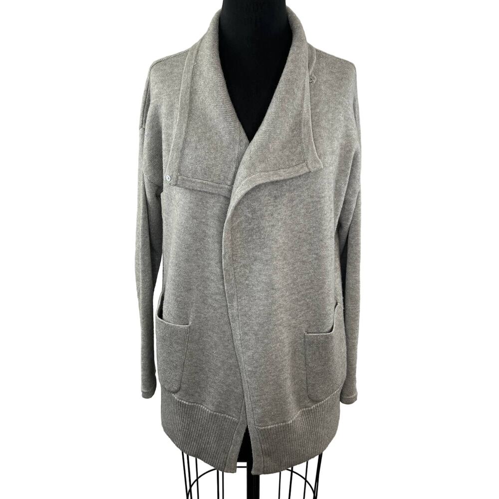 White + Warren Gray Beige Open Front Drape Snap Collar Pocket Cardigan Sweater S